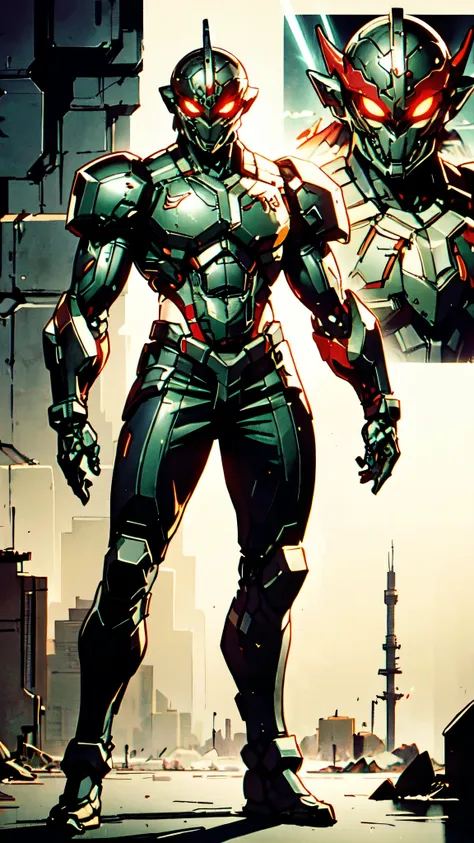 A man wearing a full-face helmet, a fantasy-style biotech armored combat suit, green eyes, (a composite layered chest armor), fully enclosed shoulder guards, matching arm and leg guards, the belt is adorned with dragon claw grasping orbs, (the color scheme...