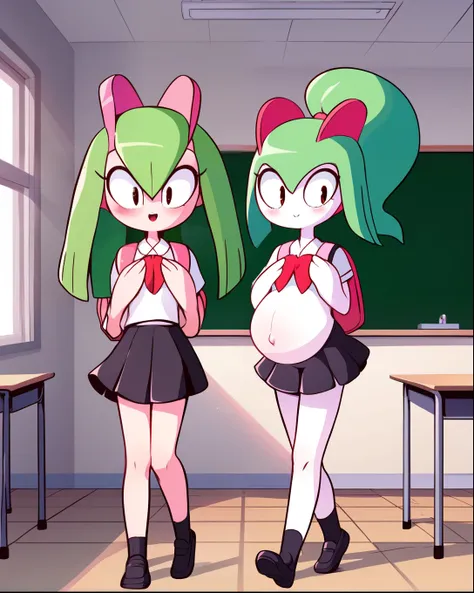 score_9, score_8_up, 1girl, kirlia, happy, full body, school, human proportions, looking at viewer, by diives, pregnant, pregnancy, shy smile, rubor, mirada cansada, caminando, walking, de pie, classroom, salon de clases, school, manos en la cadera, manos ...