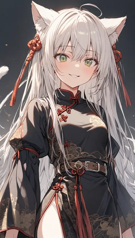 white_hair　Droopy eyes　Fleeting　calm　mild　mischief　Smile　cute_girl cat ears　Cat mouth　green_eye　Moe sleeves　gray_Farbe_chinese_clothes　Belt on torso