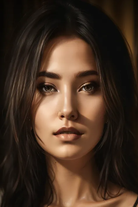 beautiful face woman Classic Low-Key Portrait: Bright, evenly lit portraits on the subjects face, detailed skin texture, realistic skin, messy hair almost covered on her face, nose piercing (1)