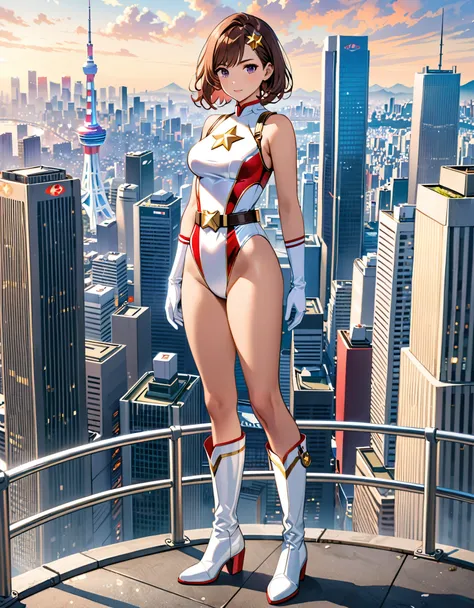 (masterpiece), (best quality), (high res), medium breasts, ((leotard, white and red leotard, matching leotard, sleeveless, bare legs)), ((tight belt, gold belt)), ((boots, matching boots, ankle-high boots, white boots)), ((gloves, white gloves)), city back...