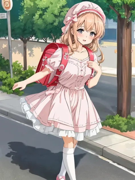 anime girl in pink dress and hat with backpack walking down a street, lolita style, (schoolbag:1.2),  in dress, cute anime waifu...