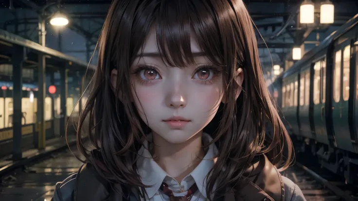 anime girl with long brown hair and red eyes standing in a train station, anime visual of a cute girl, kawacy, detailed digital anime art, detailed portrait of anime girl, with huge luminous sad eyes, portrait anime girl, anime visual of a young woman, ext...