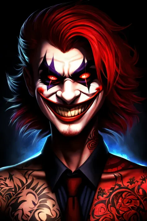 joker, with scary smile perfect lighting, Red hair, Front lighting, face detailed, tattooed skin, simple background, darkness background