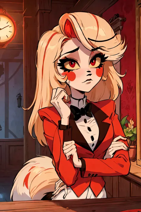 Solo Woman,fluffy,Fox ,Red fox,Dark red feathers,Fox,Black fox ears with red tips,Red eyes with black scalal,Vintage style,short hair ,with wavy dark red tips,Long jacket with dark red collar.,White shirt,With a watch on it, a black tie, black pants, темно...