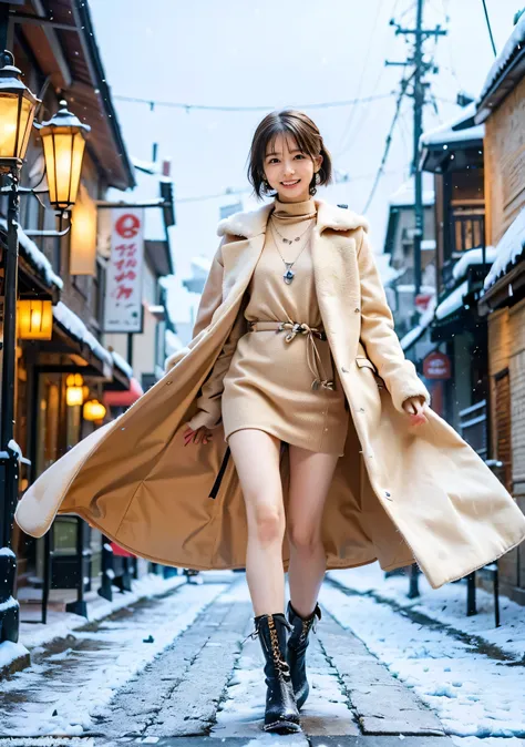 Photo from the waist up、Night city illumination shot、Cowgirl Shot、Fur coat、Luxurious grey mink fur coat、Wear fine leather boots、Luxury Bags、Inner turtleneck、Silver necklace and small silver earrings Millionaire style:1.4））、Full body photo、smile、 Caustics、H...