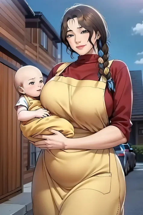 anime colored,sweater,apron,gigantic breasts,(Holding a baby:1.5),Smile,((house wife)),baby