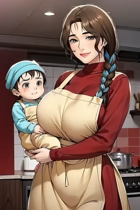 anime colored,sweater,apron,gigantic breasts,(Holding a baby:1.5),Smile,((house wife)),baby