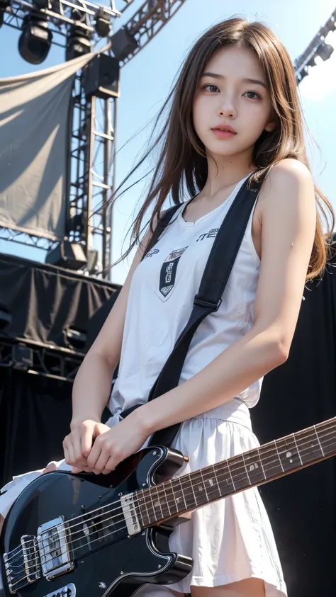 ((Beautiful girl playing electric guitar on stage at school festival:1.2)), Daytime outdoor live performance, Outdoor Spectators, Huge excitement, (Table Top), (Highest quality, 8K, masterpiece:1.2, RAW Photos), (Realistic:1.2), Japanese, (Innocent face, 1...