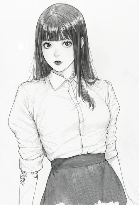 score_9, score_8_up, score_7_up, score_6_up, score_5_up, score_4_up, BREAKsketch, shinji_chibana_artstyle, traditional pencil style, pencil drawing, monochrome, detailed background, detailed background, Asian, white shirt, black skirt, rolled up sleeves, s...