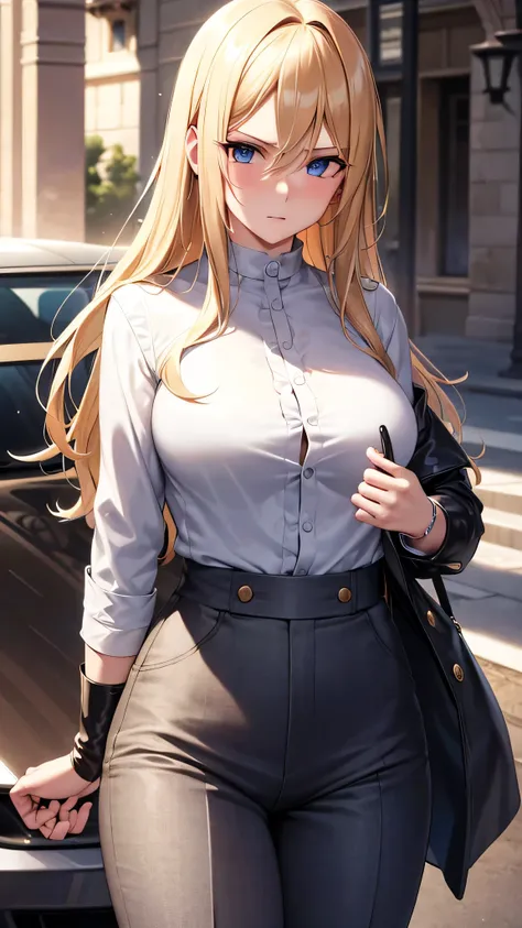 Blond hair, blue eyes, straight hair, forehead showing, combed back hair, hair band, rich, properly dressed, serious, necklace, in front of expensive car, expensive car, clutch bag, 
outside, city, high neck silk blouse, green blouse, high waisted trousers...