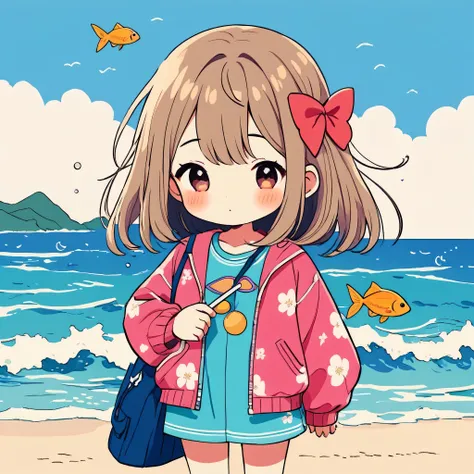 Momoko Sakura style, Simple Line Initialism，Abstract art，Kawaii Design, The most beautiful girl of all time、chibi, The background is the beach、Water Play、tropical fish