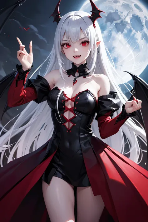 （（（ＳＦＷ、sound、Highest quality、first-clasasterpiece、Normal body、8K、Detailed face、Ultra-precision、Normal hand、Normal finger、５Finger、Highest）））、vampire、Vampire Princess、beautiful girl、Silver Hair、Long, sharp teeth、Long, sharp fangs、slender、thin feet、Red eye so...