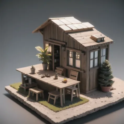 there is a  sitting at a table in a miniature house, stylized 3d render, 3 d clay render, 3d clay render, daily render, stylized...