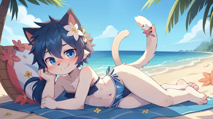 score_9,score_8_up,score_7_up, source_cartoon, source_furry, cat boy, cat tail, dark blue hair, hair over one eye, high long ponytail with volume,spike side hair, furry, blush, looking at viewer, smile, 1boy, cat ears, furry male, white body fur, ((flower ...