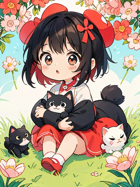 Black Star Red and White style, kawaii design, lovely baby kitten, Beautiful spring noon