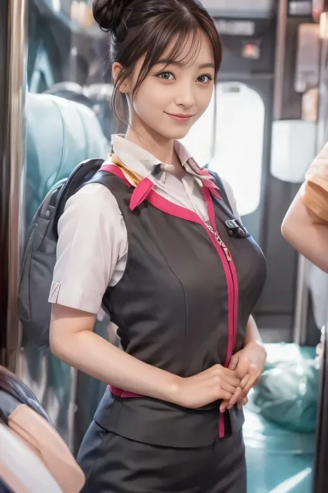 (masterpiece:1.2, Highest quality:1.2), 32k HDR, High resolution, (alone、One Girl)、（Ride the bullet train、Professional Lighting）、Background in the car、（Realistic style of JR Gran Class crew uniform）、Short sleeve blouse、a scarf around the neck、（JR Gran Clas...