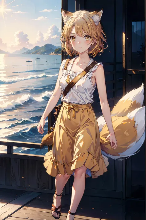 Irohaisshiki, isshiki iroha,Short Hair, Brown Hair, (Brown eyes:1.5), happy smile, smile, Open your mouth,animal(Fox Ears,Fox tail),Yellow sleeveless dress,Yellow long skirt,Cute Sandals,Carrier,background（Ships at anchor）,port,My hair is blowing in the wi...