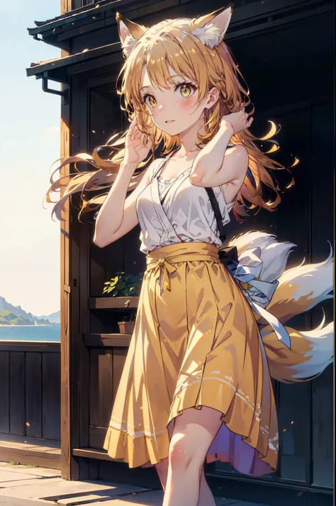 Irohaisshiki, isshiki iroha,Long Hair, Brown Hair, (Brown eyes:1.5), happy smile, smile, Open your mouth,animal(Fox Ears,Fox tail),Yellow sleeveless dress,Yellow long skirt,Cute Sandals,Carrier,background（Ships at anchor）,port,My hair is blowing in the win...