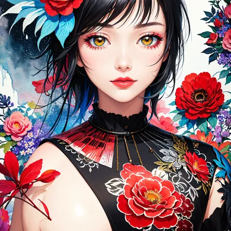 Black Star Red and White Style、(((stylish fashion))), 8K Quality、Intense watercolor, Detailed watercolor art, Watercolor splash, Surreal, avant-garde pop art, Beautiful and expressive paintings, Beautiful artwork illustration, Very colorful tones, wonderfu...