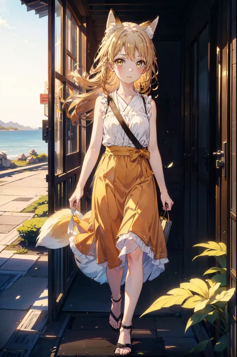 Irohaisshiki, isshiki iroha,Long Hair, Brown Hair, (Brown eyes:1.5), happy smile, smile, Open your mouth,animal(Fox Ears,Fox tail),Yellow sleeveless dress,Yellow long skirt,Cute Sandals,Carrier,background（Ships at anchor）,port,My hair is blowing in the win...