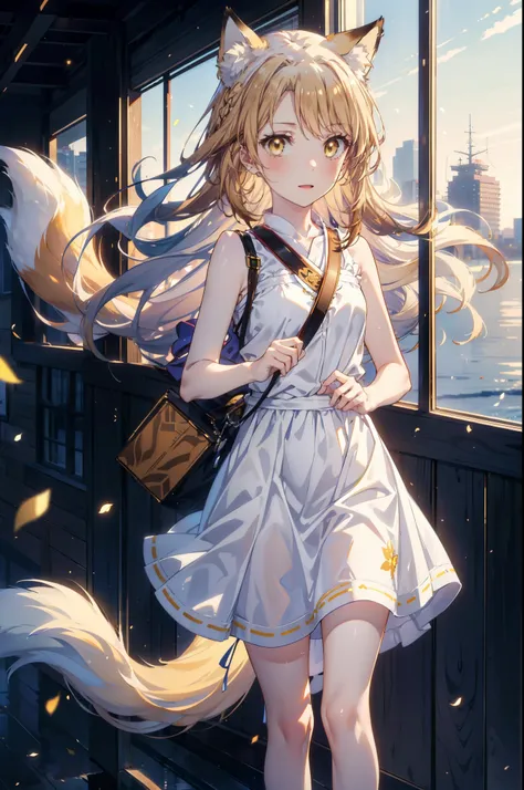 Irohaisshiki, isshiki iroha,Long Hair, Brown Hair, (Brown eyes:1.5), happy smile, smile, Open your mouth,animal(Fox Ears,Fox tail),Yellow sleeveless dress,Yellow long skirt,Cute Sandals,Carrier,background（Ships at anchor）,port,My hair is blowing in the win...