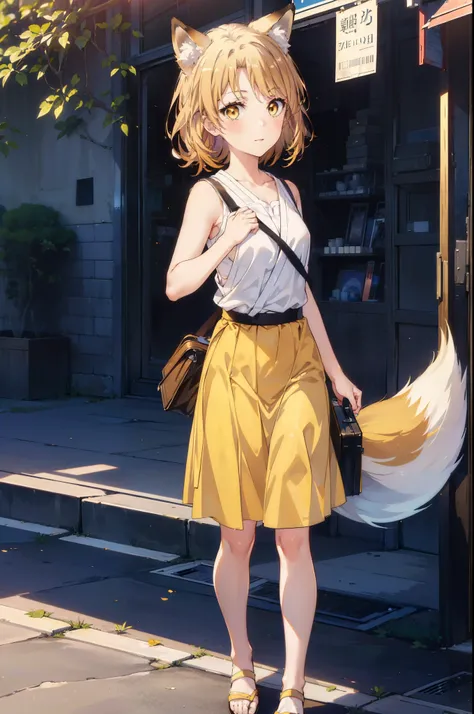 Irohaisshiki, isshiki iroha,Short Hair, Brown Hair, (Brown eyes:1.5), happy smile, smile, Open your mouth,animal(Fox Ears,Fox tail),Yellow sleeveless dress,Yellow long skirt,Cute Sandals,Push-type suitcase,background（Ships at anchor）,port,My hair is blowin...