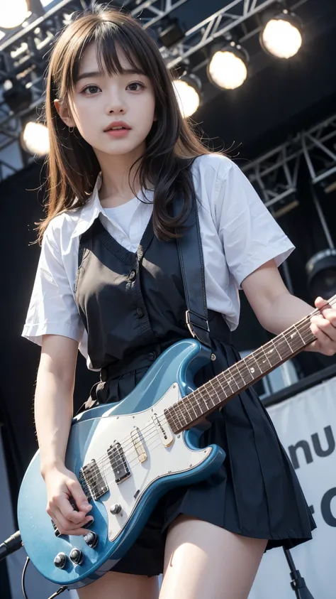 (Beautiful girl playing electric guitar on stage at school festival), Daytime outdoor live show, audience, Great success, (Table Top), (Highest quality, 8K, masterpiece:1.2, RAW Photos), (Realistic:1.2), Japanese, (14 year old beautiful girl:1.2, Baby Face...