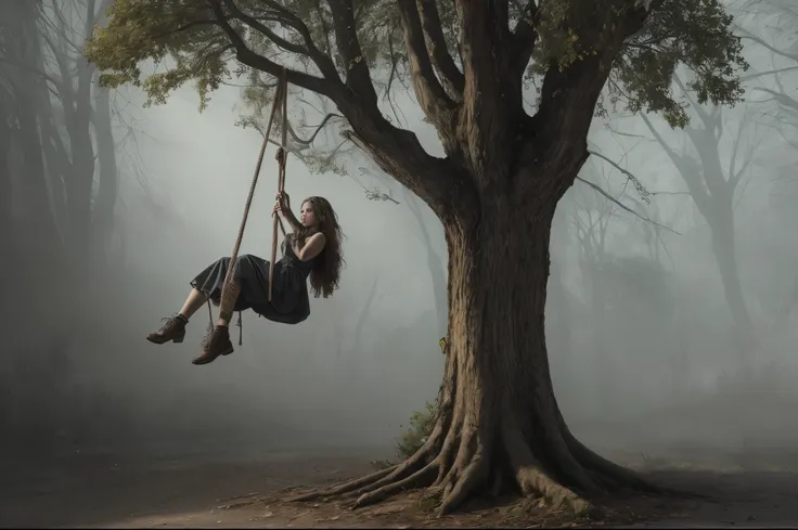 a haunting masterpiece, of unparalleled quality, showcasing a tragic scene of a teenage girl hanging from a tree. the rope aroun...