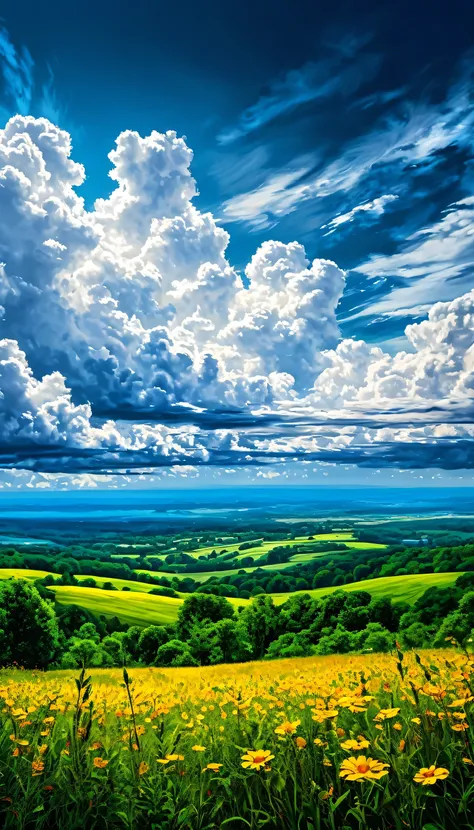 Summer sky (Painterly style), Realistic, highly Realistic, Attention to detail, breathtakingly Realistic, High contrast realism, High Saturation Realism, Vibrant colors, Dramatic lighting, Fascinating landscape, Persuasive storytelling, Atmospheric scene, ...