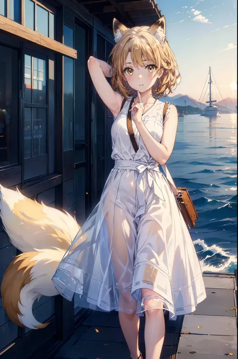 Irohaisshiki, isshiki iroha,Short Hair, Brown Hair, (Brown eyes:1.5), happy smile, smile, Open your mouth,animal(Fox Ears,Fox tail),Yellow sleeveless dress,Yellow long skirt,Cute Sandals,Push-type suitcase,background（Ships at anchor）,port,My hair is blowin...