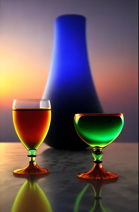 surreal glass shape, liquid glass, chromatic aberration, broken prism, refraction, light caustics, smokey background, detailed illustration , oranges on a white marble table, deep purple velvet drapes, 8k, photography style,2 glasses with orange biolumines...