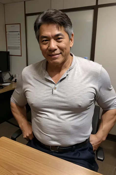 Astringent look,Muscular,body weight,90 kg,57-year-old male,company employee,Japanese,At the office,smile,looking at the camera