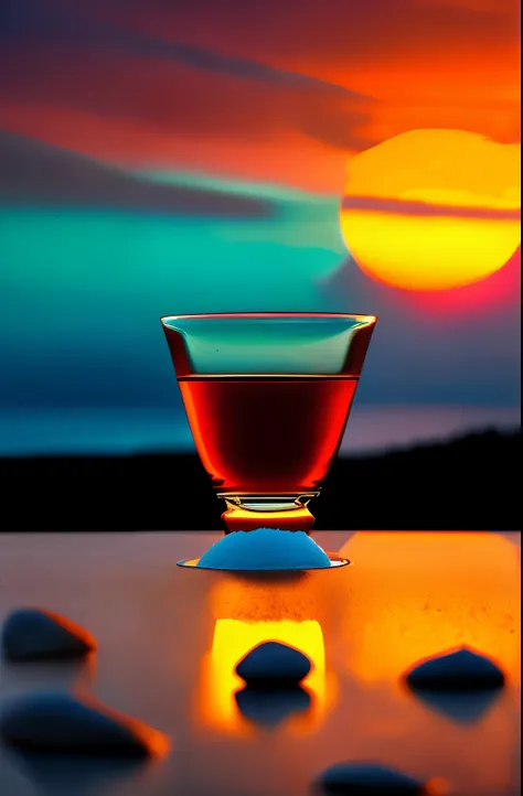 surreal glass shape, liquid glass, chromatic aberration, broken prism, refraction, light caustics, smokey background, detailed illustration , oranges on a white marble table, deep purple velvet drapes, 8k, photography style,2 glasses with orange biolumines...