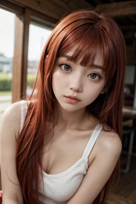 Anime girl red hair bangs dark skin 