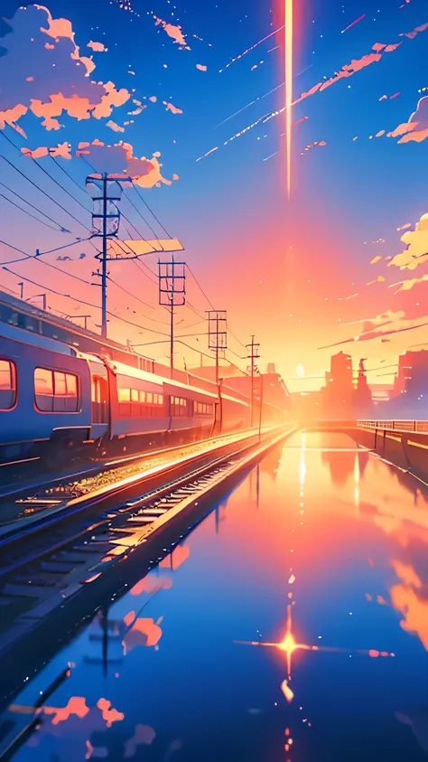 Animated scene of a train passing under blue and red skies, Anime drawing by Makoto Shinkai, Topics on pixiv, magical realism, Beautiful anime scene, Space Sky. by Makoto Shinkai, ( ( makoto shinkai ) ), by Makoto Shinkai, Anime Background Art, Makoto Shin...