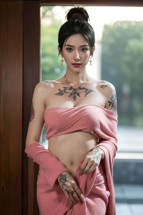 ((Best quality, 8k, Masterpiece :1.3)), Sharp focus :1.2, Chinese womens with Tattoos ((38years old)), naked, curvy, big tits, Black red hair.messy Bun. Necklace. Earrings((Wrapped in a towel. Bare Shoulder)), In the bathroom((half Body photo))_mix4, 20d,H...