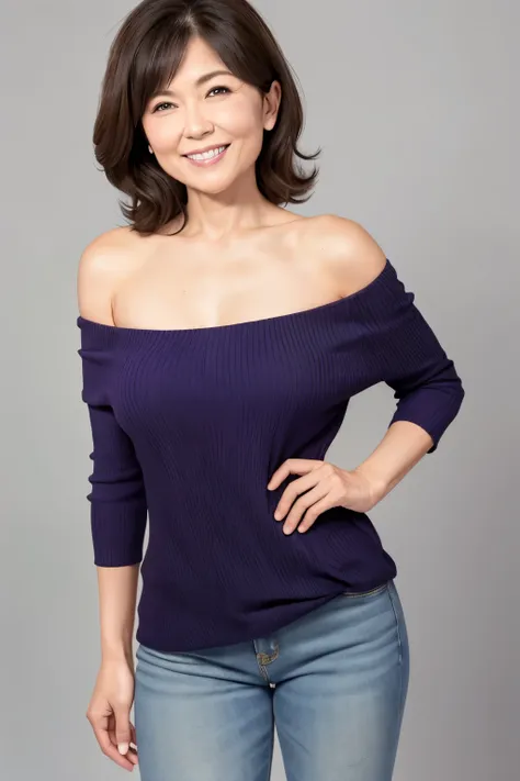 50-year-old woman、mature woman、a kind smile、sexy、the arm is out、sexy、no background、plain background、plain gray background、clothe...