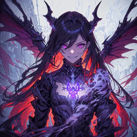 anime character with a purple and black wings and a purple and black dragon, purple ancient antler deity, warframe hound, fit gi...