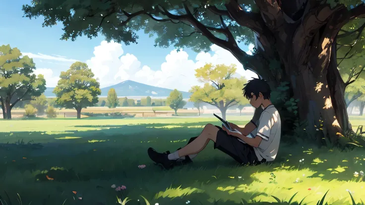 Anime scenery of a boy sitting down under a tree, drawing, scenery, day