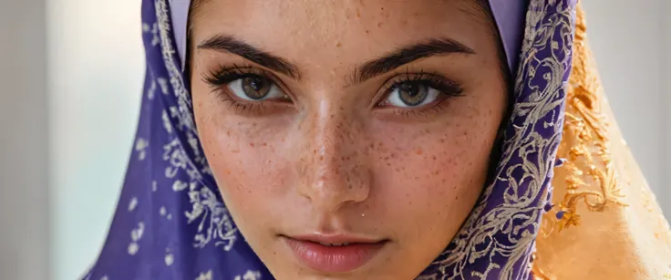 Best Quality, Masterpiece, detailed skin texture, detailed fabric texture, detailed face, super detail, 8k, intricate detail, 1 girl, 20 years, High contrast, High resolution eyes, Hijab, freckles on the nose,