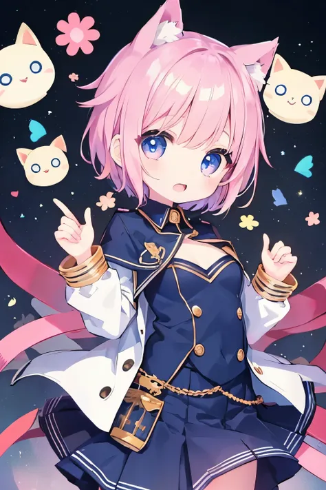 Navy uniform、Elementary school girl、7-year-old girl,Very beautiful and Shining Eyes、Shining Eyes、1 girl、Small breasts、Big Mouth、Large Breasts、Cat ear、(Pink Short Hair)