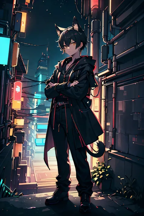 A boy，Wearing a black robe,独奏, looking at viewer, night city, 1boy, animal ears, jewelry, standing, tail, yellow eyes, male focus, earrings, pants, black pants, crossed arms,night，City，Neon