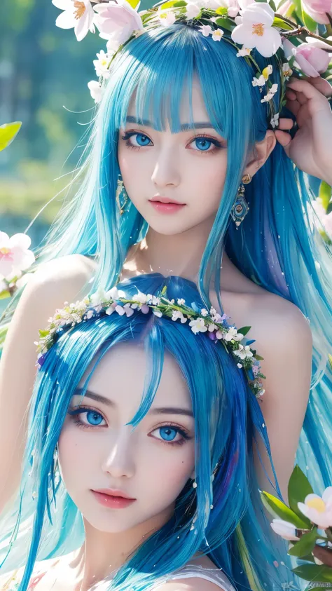 (Highest quality),(masterpiece:1.2), (colorful:0.9), (splashing ink),(Color splashes),((watercolor)), Crisp and sharp focus, Model shoot,, (Portrait of the Goddess of Spring:1.5), Cute expression,Elegant blue hair, Beautifully detailed face and eyes, Elega...