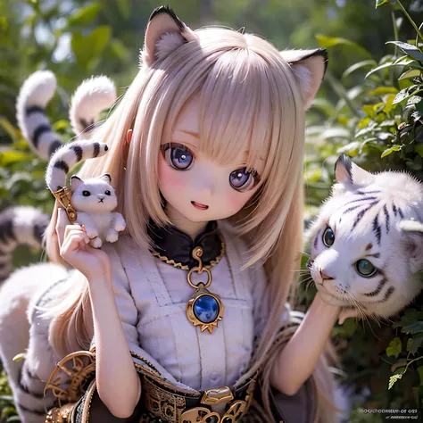 (Highest quality,4K,8K,High resolution,masterpiece:1.2),Very detailed,Realistic,White Tiger Girls Chibi,Beautiful details,Long eyelashes,Detailed lips,A girl in colorful and cute clothes,鮮やかな花を咲かせる背の高いwood々々Play in the Magic Garden,soft, wood々Warm sunshine...