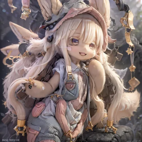 in the garden, smiling girl, similar to nanachi from made in abyss. she is beautiful, beautiful eyes and lips. girl (((chibi sty...