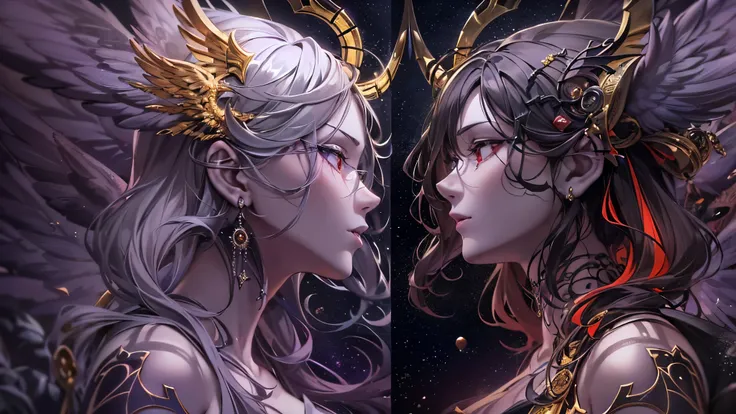 ((Highest quality)),(Ultra-high resolution),(Ultra-detailed new),(Detailed Description),((The best CG)),(masterpiece),Highly detailed art,A wonderful new art form,(Art with precise details:1.5), (Female angel and female devil facing each other:1.6),Beautif...