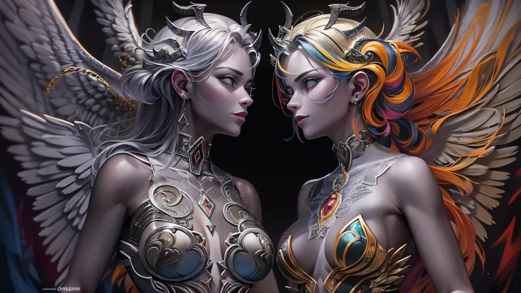 ((Highest quality)),(Ultra-high resolution),(Ultra-detailed new),(Detailed Description),((The best CG)),(masterpiece),Highly detailed art,A wonderful new art form,(Art with precise details:1.5), (Female angel and female devil facing each other:1.6),Beautif...