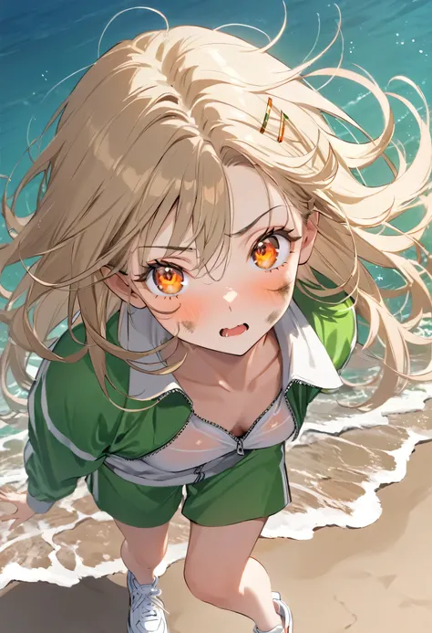 Highest quality, masterpiece, No correction, BEARK, Ocean、The sky is beautiful、The rainbow-colored ocean plain、Sandy Beach、,shinosawa hiro,thin,Orange Eyes,White eyelashes,bionde,Long Hair,Hair Clip,Track jacket,Green shorts,White sneakers, Head Focus, Tra...