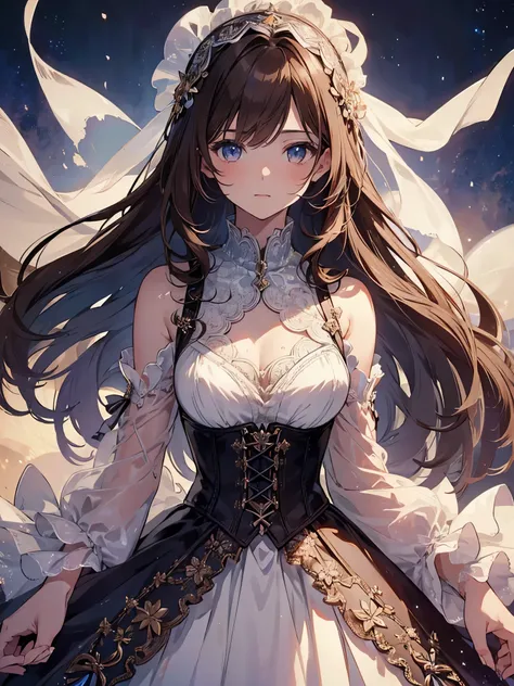 (1girl:1.3), cinematic light, solo, breasts, Renaissance Lace-Up Bodice Dress, silky long hair, (brown) hair, (masterpiece, top quality, best quality, official art, beautiful and aesthetic:1.3), extreme detailed,highest detailed,(ultra-detailed),((an extr...